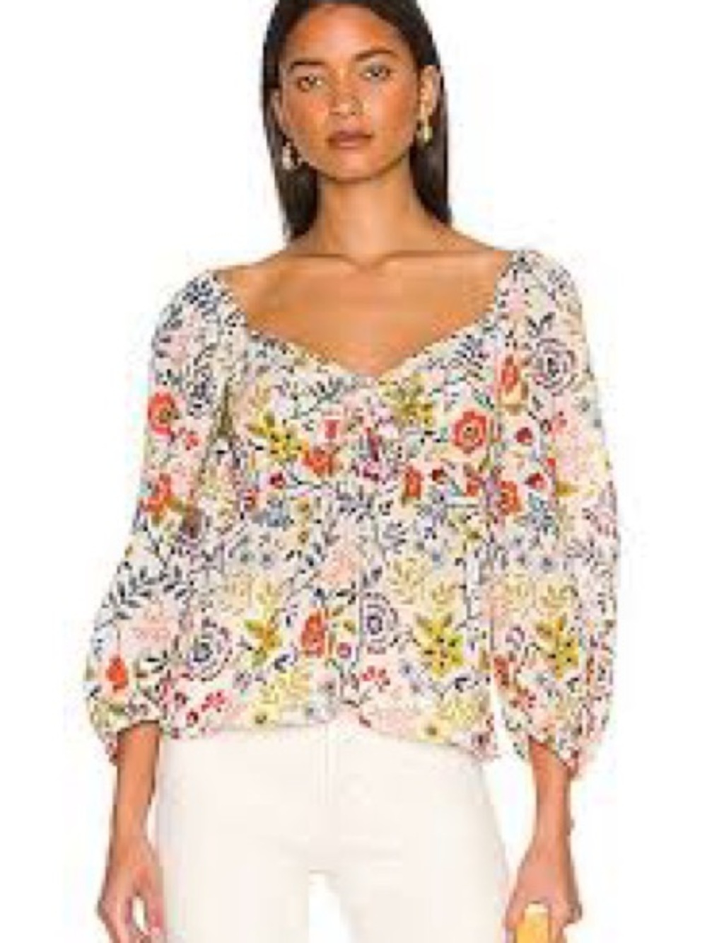 Velvet Cream Floral Peasant Blouse with Multi-Color Print